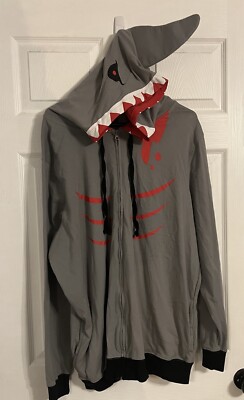 Bioworld Men s Shark Hooded Jacket Grey, Red, & Black Long Sleeve 2xl 