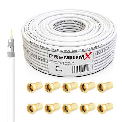 PremiumX 20m Koaxialkabel 135dB 4-fach Koax Kabel 4K SAT Antennenkabel F-Stecker