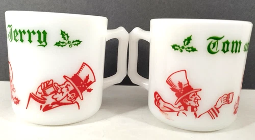 Tom & Jerry Christmas Drink Pair of 2 Cups Milk Glass Holiday Mugs