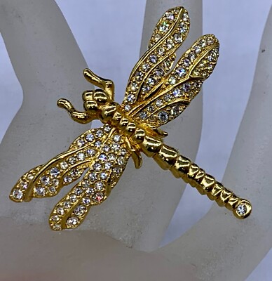 AUTHENTIC SWAROVSKI SWAN LOGO SIGNED GOLD PLATED CRYSTAL DRAGONFLY