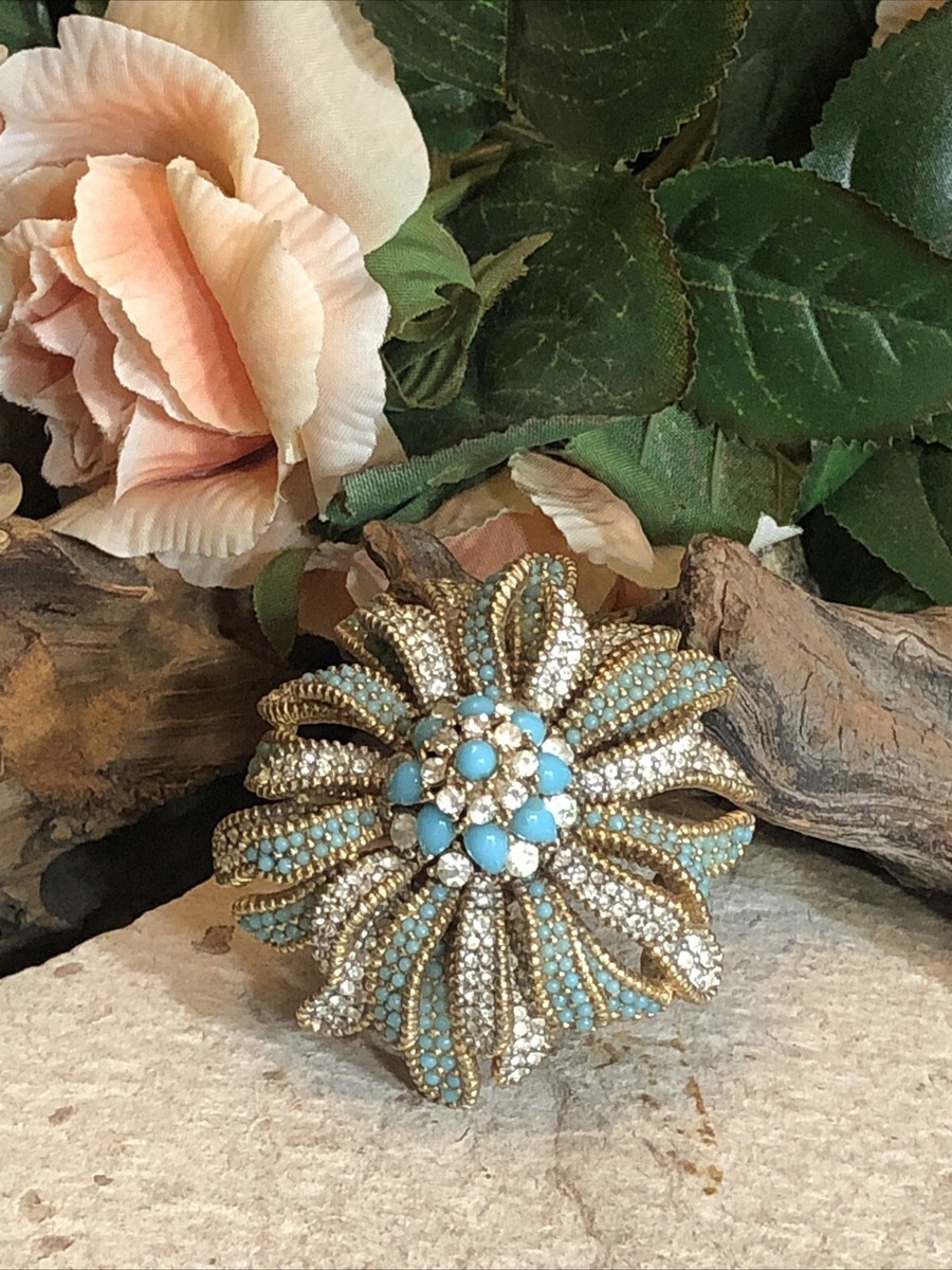 15. Vintage CINER Blue Turquoise White Rhinestone Flower Head Pin