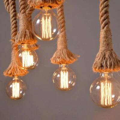 Retro Industrielampe Holz Hanfseil Hängeleuchte-Seil Pendelleuchte Deckenlampen - Bild 1 von 4