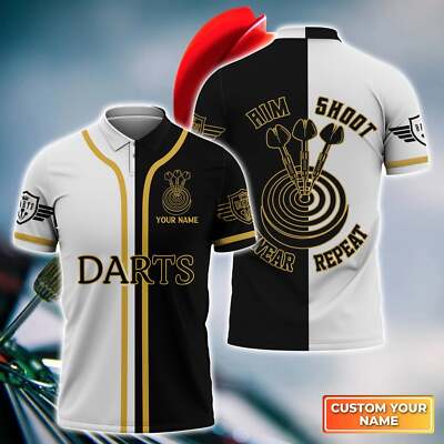Darts Aim Shoot Swear Repeat Personalized Name 3D Polo Shirt, Gift For Darts Pla