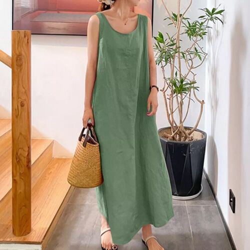 Womens Plain Cotton Linen Sleeveless Dress Ladies Casual Crew Neck Maxi Sundress - Picture 8 of 18