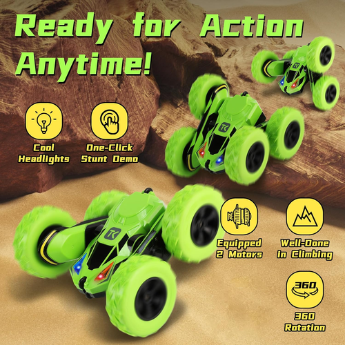 RC Stunt Car Double-Sided Remote Control 360° Flips Rotating Toy, Green - Picture 2 of 12