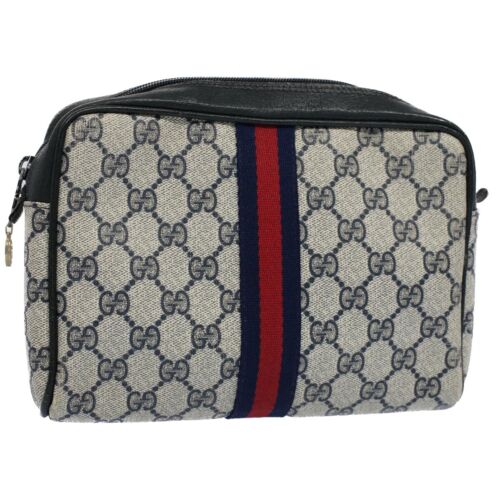 GUCCI GG Canvas Sherry Line Clutch Bag Gray Red Navy 010 378 Auth 54723 - 第 1/17 張圖片