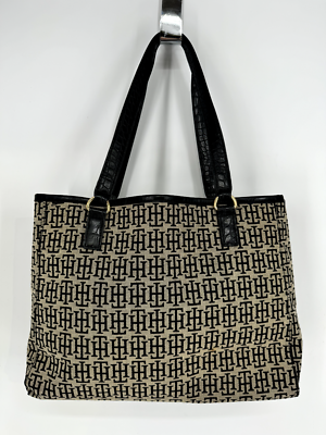 bolsa tommy hilfiger canvas tote bag travel Tommy Hilfiger Black Monogram Canvas Croc Embossed Trim Tote Bag Purse  Handbag