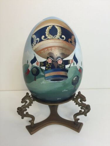 Large JMF Robuchon France Hot Air Balloon Wooden Easter Egg w/Brass Stand