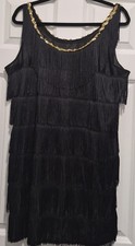 Black Fringe Flapper Gatsby Dress Womens Size M / L Halloween Costume