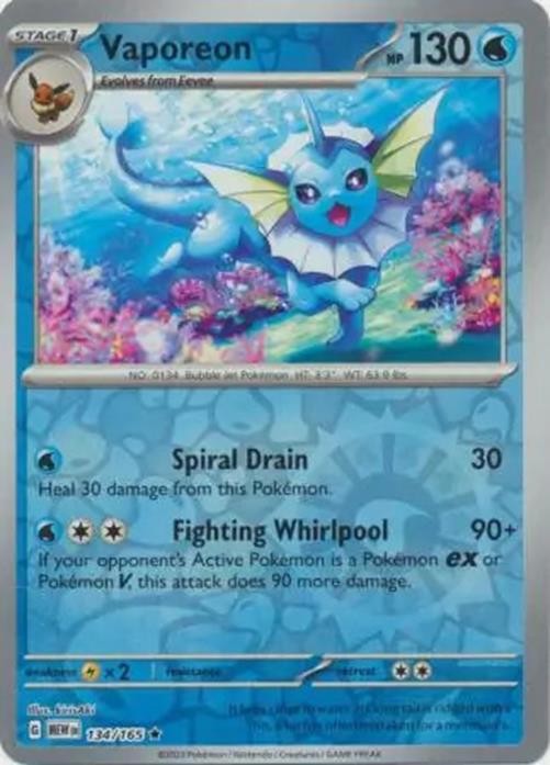 Vaporeon - 134/165 - Pokemon 151 Reverse Holo Rare Card NM