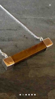 Shimmery Tigers Eye Rectangular Horizontal Bar Pendant Sterling Adjustable Chain