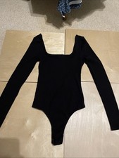 Altar d State Black Ribbed Bodysuit SZ SMALL Square Neck Long Sleeve Stretch