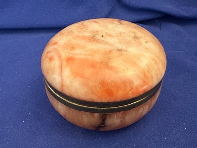 Elegant old natural stone box marble or alabaster? pink - reddish brass setting