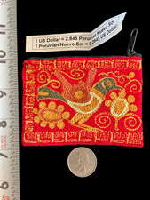 Handmade Peruvian Embroidered Bird Coin Purse Red Floral Folk Art Zipper Pouch