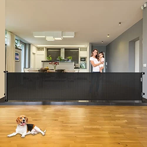 KISKIZ 110 INCH Extra Wide Retractable Baby & Dog Gate Large Openings - BLACK