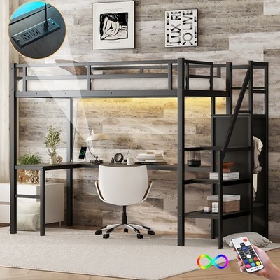 Twin XL Size Metal Loft Bed with LED,Wardrobe & Adjustable Shelf for Kids Black