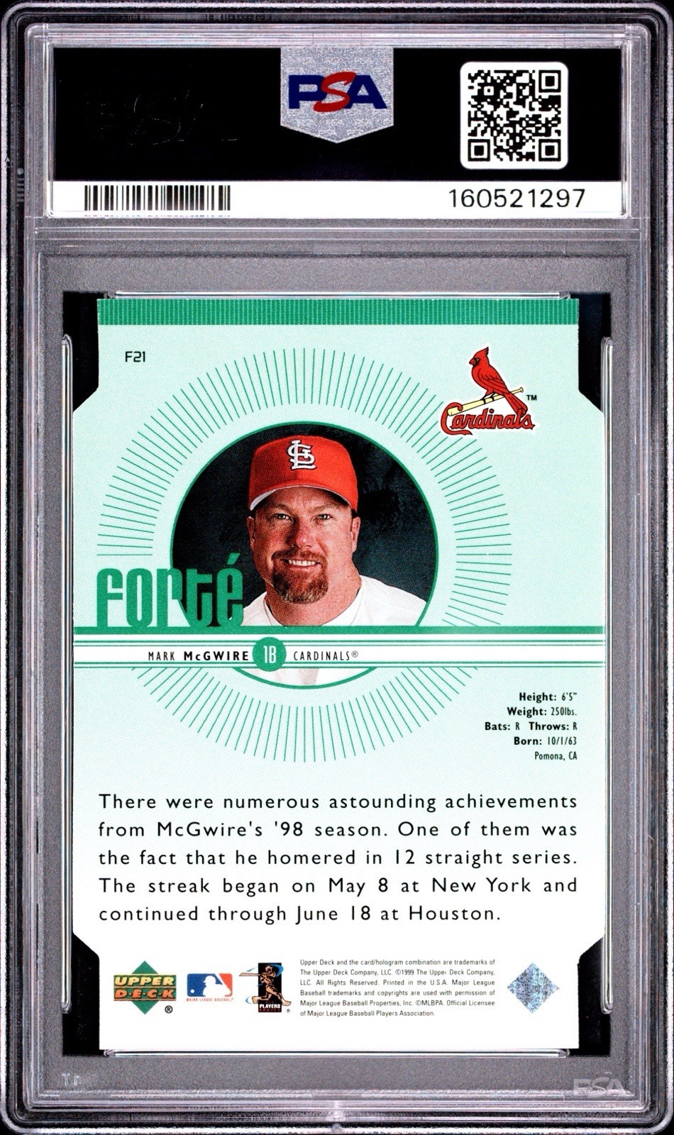 1999 Upper Deck - Forte Mark McGwire #F21 Double /2000 PSA 7 view 2