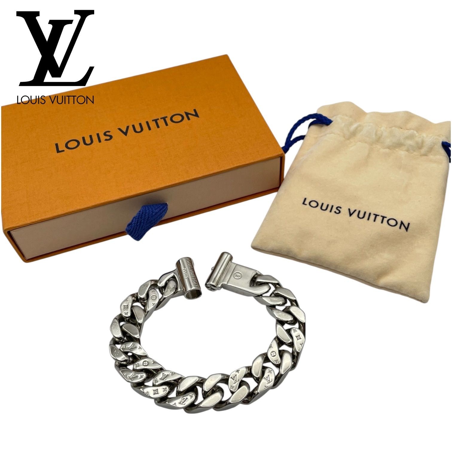 Louis Vuitton Chain Links Bracelet Authentic Unisex Monogram Color Silver M Size