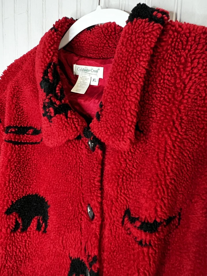 Chaqueta Coldwater Creek para mujer XL roja negra Sherpa polar botón delantero hecha en EE. UU. Foto 3 de 4