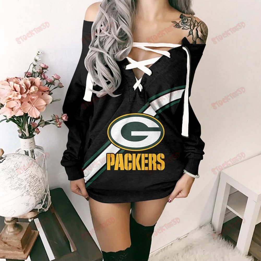 Green Bay Packers Women Lace up Off Shoulder Hoodie Dress Deep V-Neck  Sweatshirt | eBay