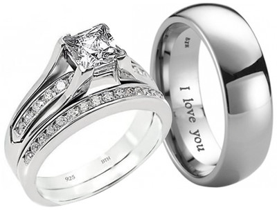 His Hers CZ 925 Sterling Silver Black Titanium Engagement Wedding Ring Band Set His Hers CZ 925 Sterling Silver Black Titanium Engagement Wedding Ring Band Set