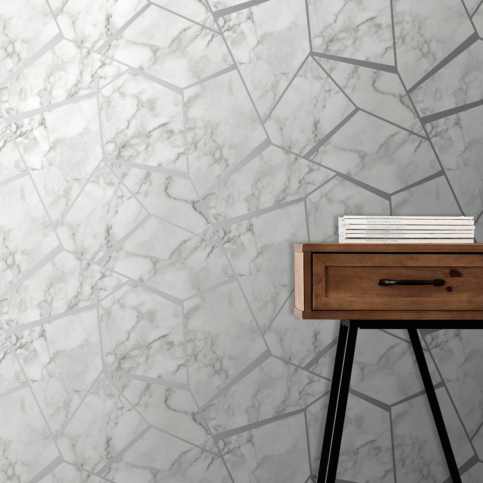 Fine Decor Fractal Marblesque Geometric Wallpaper Metallic Silver Grey