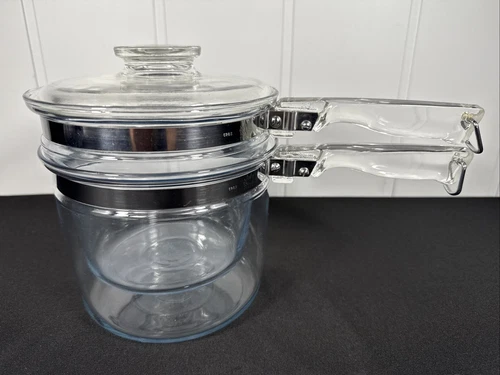 Vintage Pyrex Flameware 1.5 Qt Double Boiler 6283 with Pyrex Glass Lid