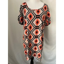 Always White / Salmon / Black Aztec Print Short Sleeve Wide Neck Midi Dress