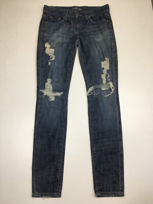 BEBE Med/Dark Wash Distressed SAVANNAH Logo Hardware 5 Pocket Jeans Womens sz 27