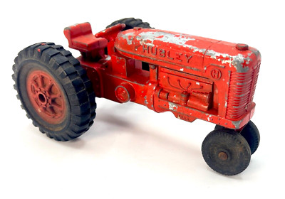 Vintage Hubley Kiddie Toy, Red Die Cast Farm Tractor with Disc Plow, Made in USA