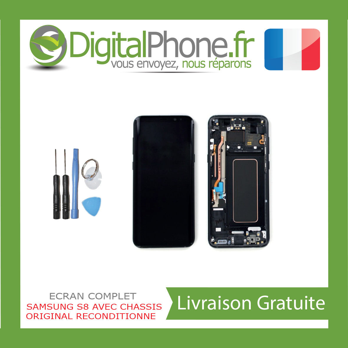 ECRAN SAMSUNG S8 ORIGINAL RECONDITIONNÉ NOIR VIOLET BLEU ARGENT + OUTILS TVA