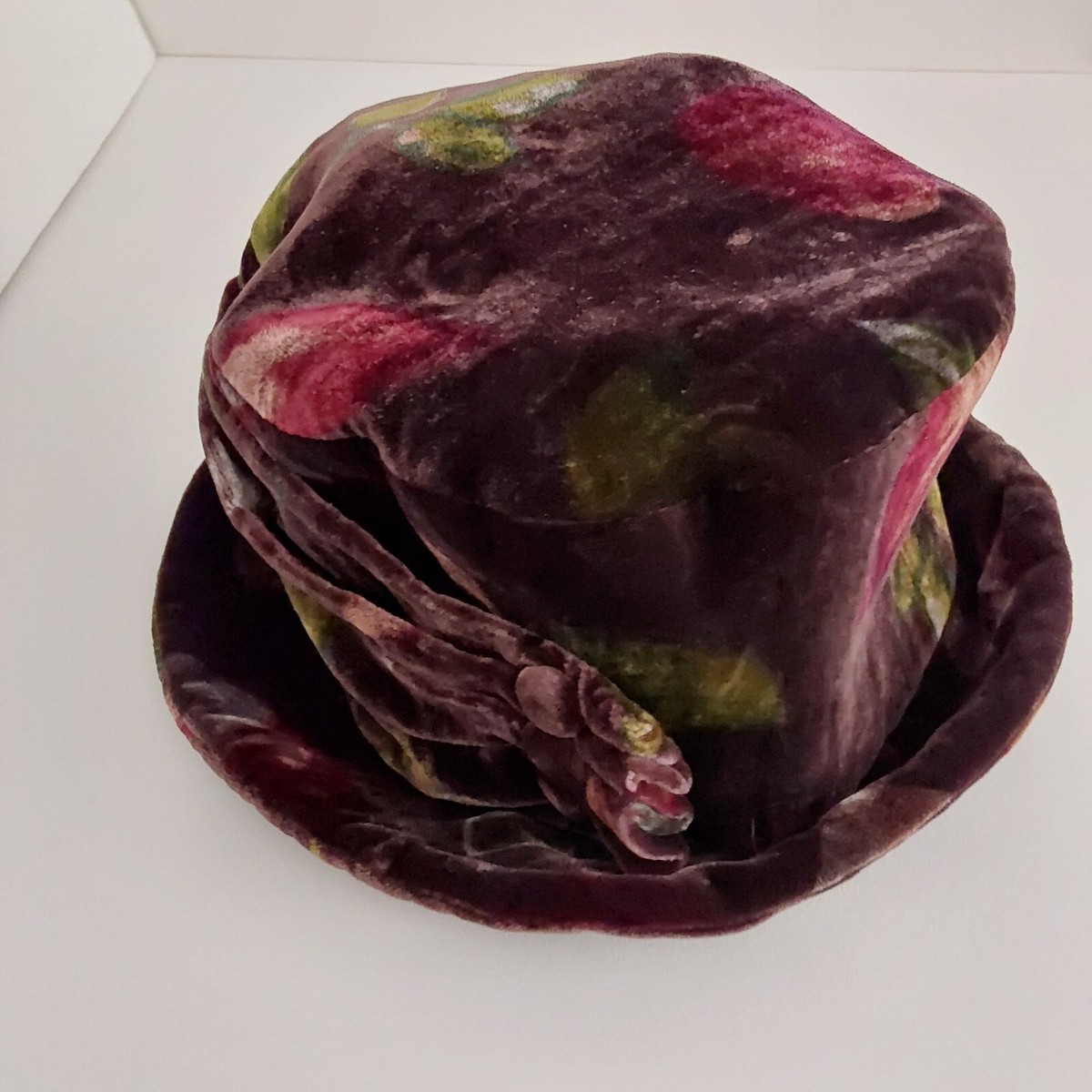 Vintage Liz Claiborne Brown Floral Velvet‎ Bucket Hat w Bow OS Grannycore Vintage Liz Claiborne Brown Multi Color Floral Rayon Silk  main image 3