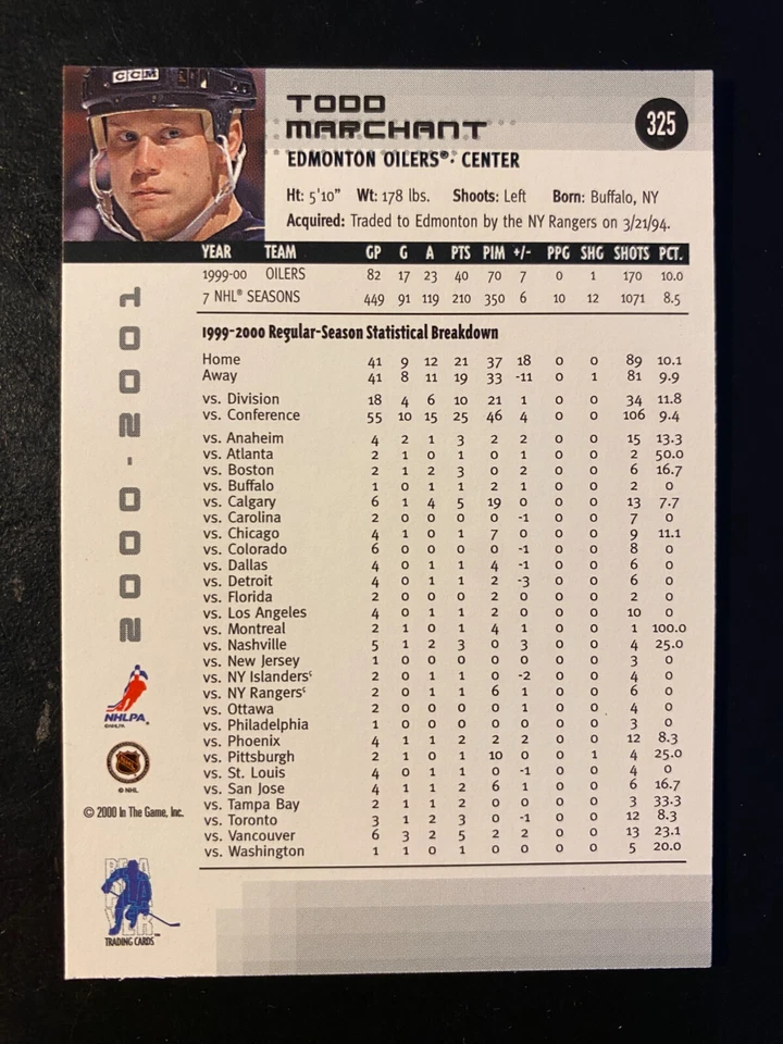 Todd Marchant 2000-01 Be a player Memorabilia In The Game #325 Edmonton Oilers - Image 2 of 2