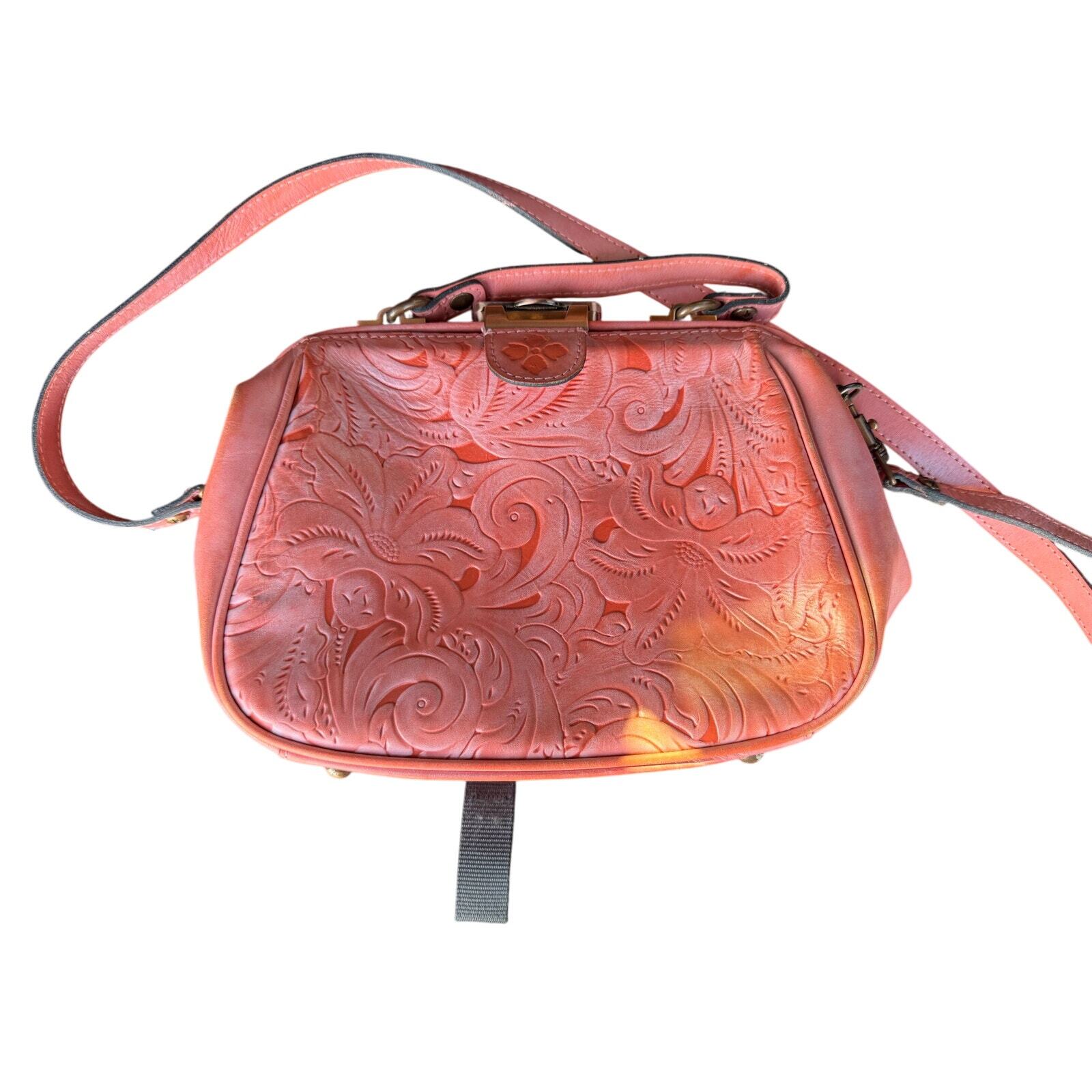 PATRICIA NASH Coral Pink Orange Leather Floral Embossed Gracchi Satchel Purse