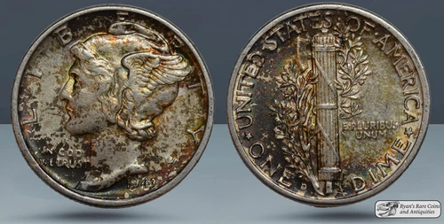 1943 D Mercury Dime, Uncirculated, Excellent Colorful Toning, Silver, C7735