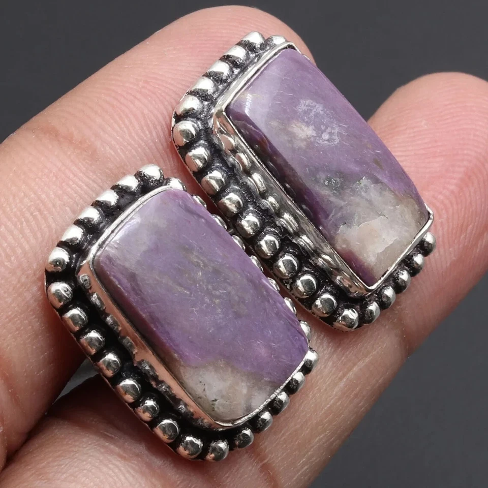 Gemelos de plata de ley 925 con piedras preciosas Charoite regalo para hombres bonitas joyas Foto 2 de 4