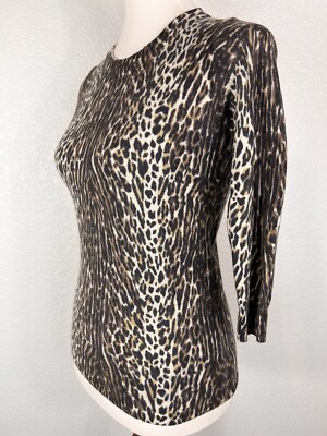 Women's Sz Small 100% Merino Wool Animal Print Crewneck Sweater  Cheetah