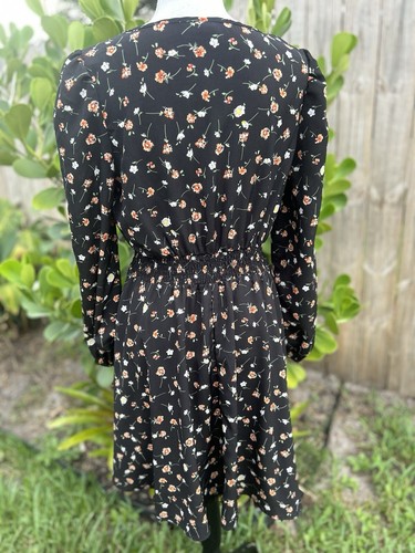 SHEIN Black Floral Dress Long Sleeve Elastic Waist And Cuff V-Neck Size Large - Picture 5 of 8