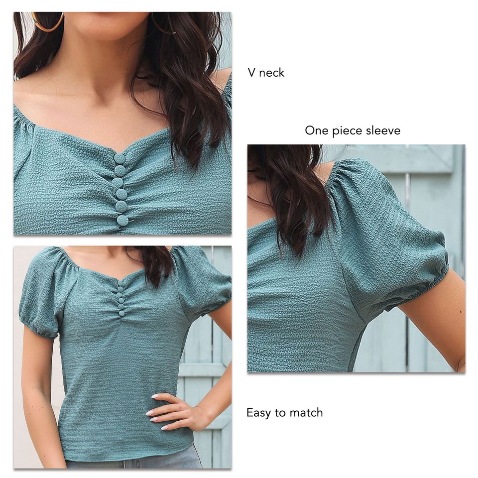 Women Short Puff Sleeve Blouse Tops Fashionable Casual Women V Neck
