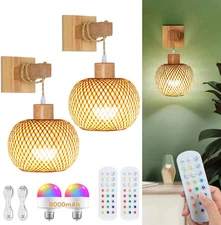 Battery Operated Wall Sconce with Remote Set of 2, Rechargeable Rattan Wall Scon