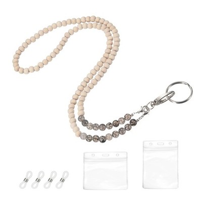 Lanyards for ID Badges, 34.6'' Wooden Stone Beaded Lanyard for Women, Light Grey