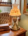 Vintage Hurricane Accent Table Lamp Floral Milk Glass Shade Brass Tone Working