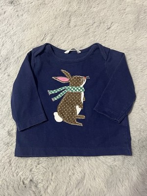 Baby Boden Long Sleeve Navy Blue Shirt with Rabbit Applique 0-3 Month Size