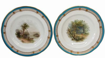 Stunning 2 Minton Porcelain Pearl Jewelled Landscape Dessert Plates 9 1/8'' Teal