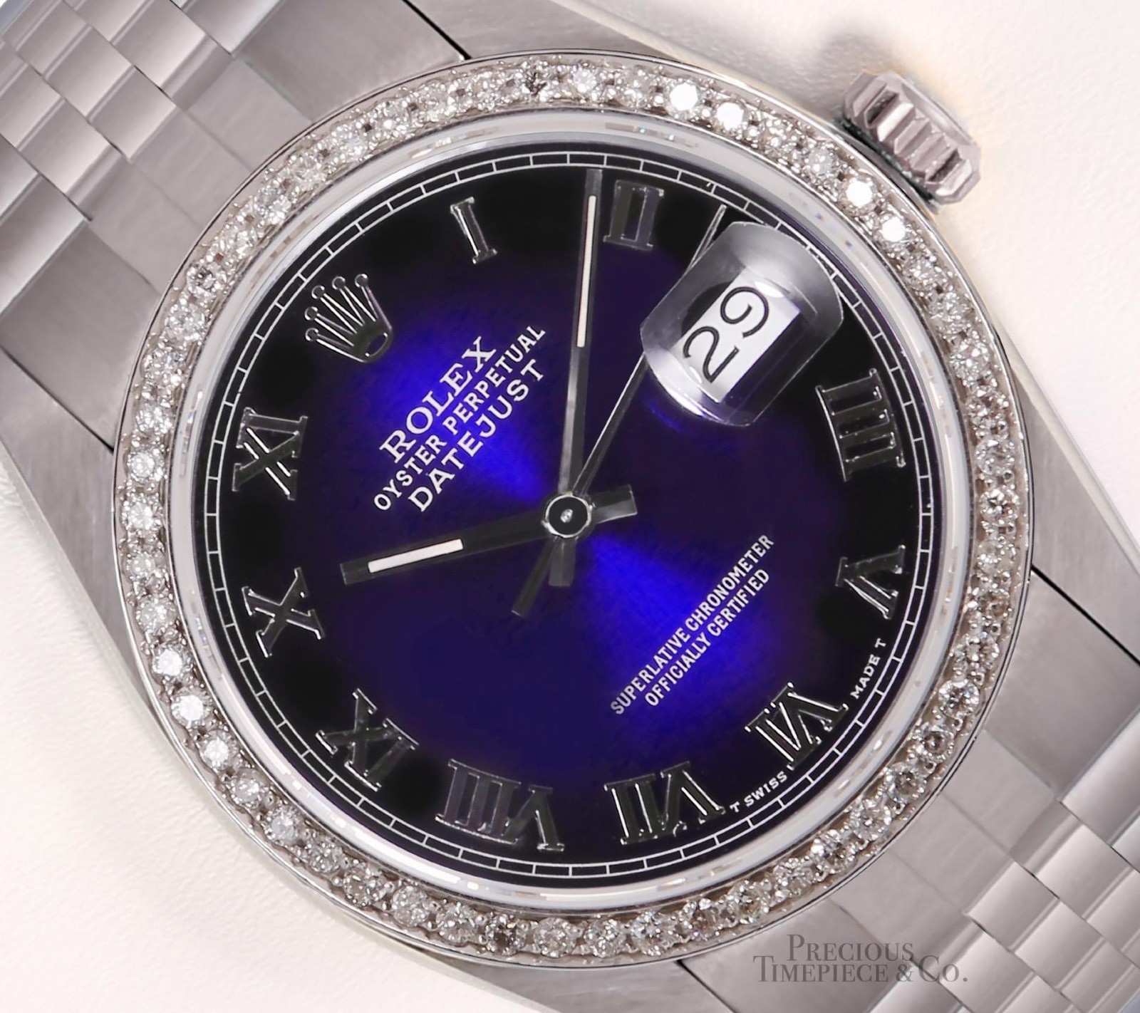 Rolex Datejust 36mm Stainless Steel Blue Vignette Roman Dial Diamond Bezel