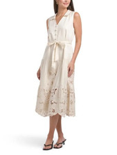 ELIE TAHARI LINEN BLEND EMBROIDERED PARCHMENT MIDI DRESS SIZE 6 $345