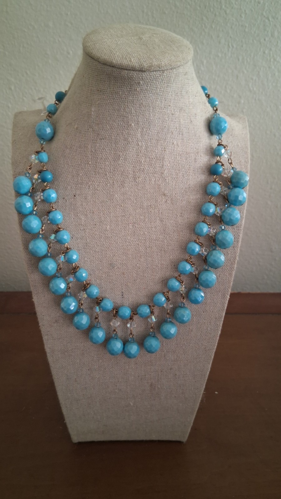 Vintage MCM Turquoise Bib Necklace Gold Tone