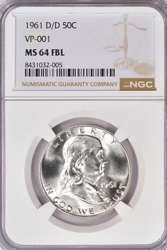 1961 D/D Franklin Half Dollar VP-001 NGC MS 64 FBL Variety Silver Coin 50C
