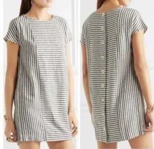 Madewell Stripe Play Button Back Dress Sz S Grey White Linen Blend Pockets Beach