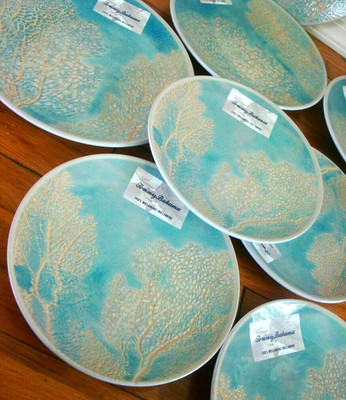 NEW 8-PC Tommy Bahama Coral Ocean Pattern Melamine Plate Set Dinner Salad 4-Each